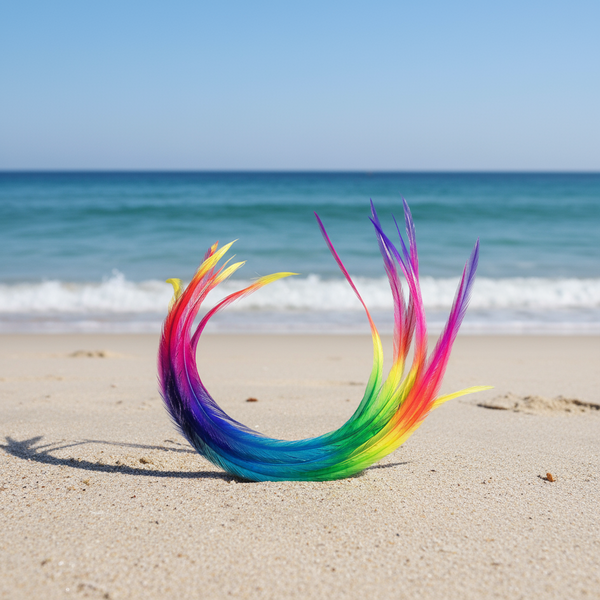 Multicolored feather hair extensions at the beach in background