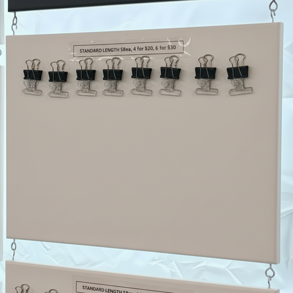 Display of clips on a beige board with pricing information.