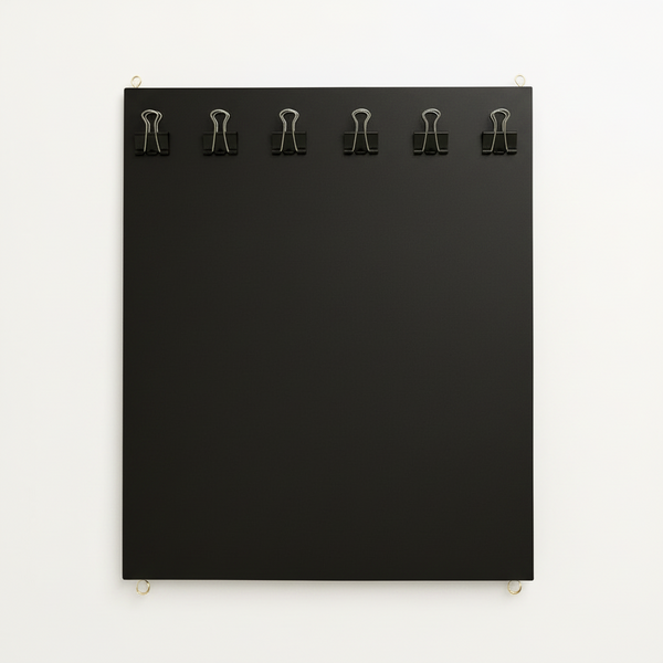 Black canvas board with paper clips on a white background
