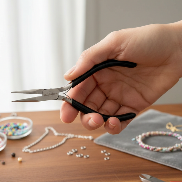 Hand holding a pair of pliers with a jewelry-making setup in the background