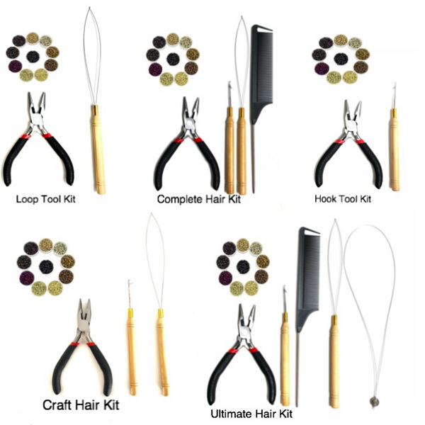 Set of hair styling tools including pliers, combs, and hooks on a white background.