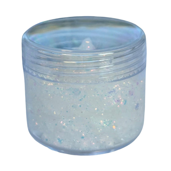 Clear container with transparent glitter makeup on a white background