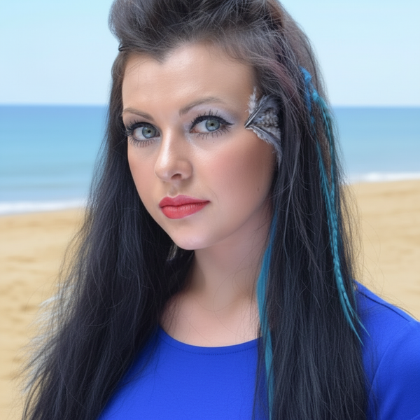 Woman with blue feather hair and makeup sitting on a beach.