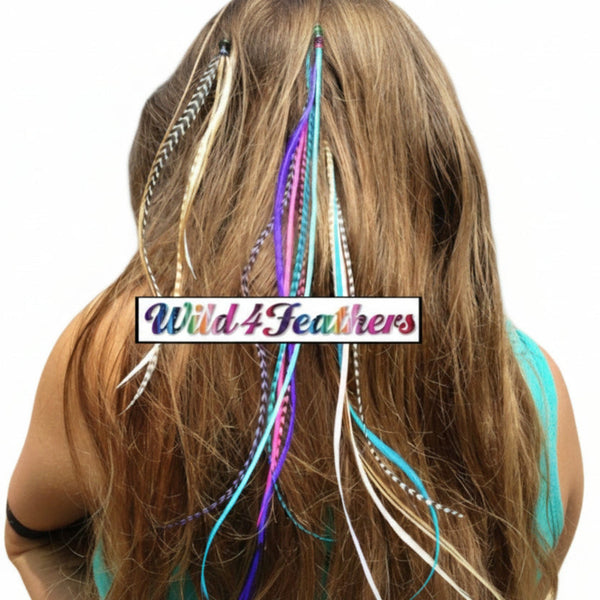 Person with colorful feather extensions in hair at a beach, with 'Wild 4 Feathers' logo overlay.