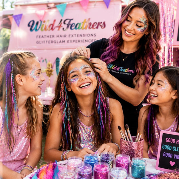 wild4feathers mobile party entertainment services of feather hair extensions and glitter makeup for all ages