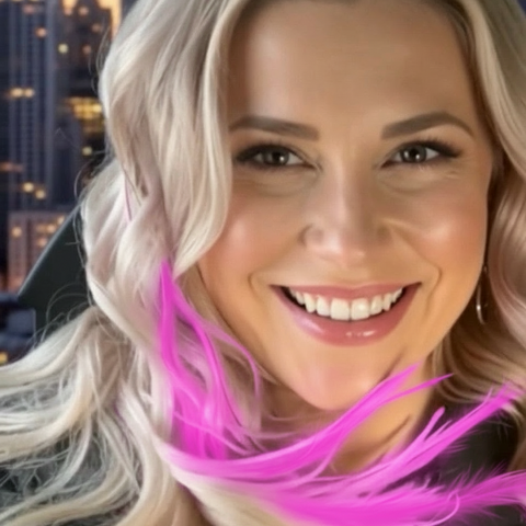 Woman with pink hair smiling in front of a blurred cityscape background