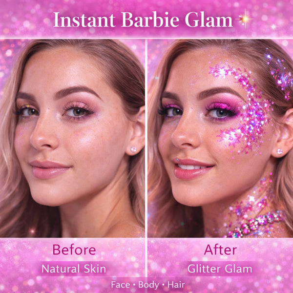 Before and after comparison of Instant Barbie Glam with glitter on a pink background.