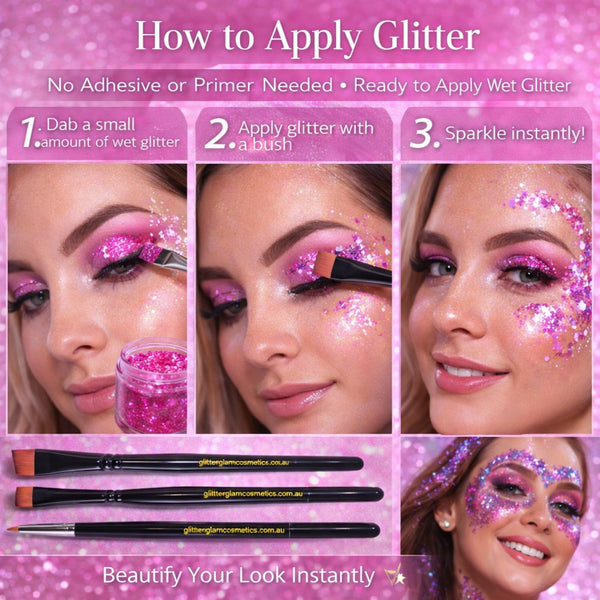 Step-by-step guide on how to apply glitter with a brush, featuring a pink glitter product and tools.
