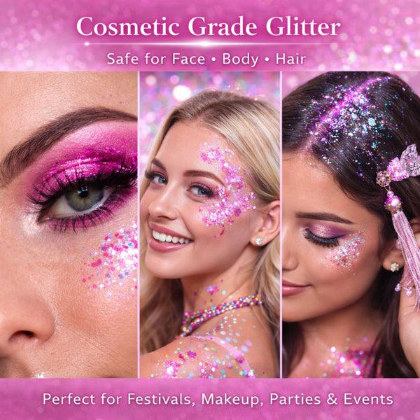Cosmetic Grade Glitter with examples on face, body, and hair against a pink background.