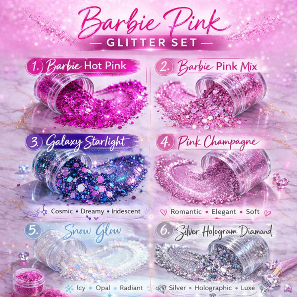 Barbie Pink glitter set with six different types of glitter on a pink background.
