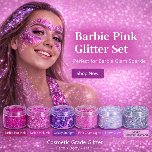 Woman with glittery makeup and six Barbie Pink Shades Pack glitter jars on a pink glittery background.