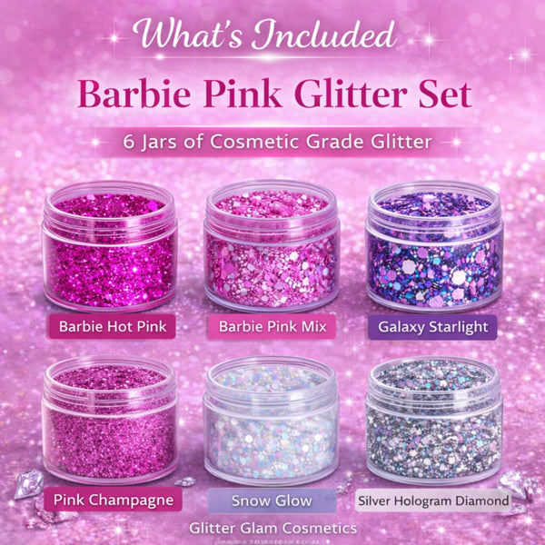 Barbie Pink Glitter Set with six jars of glitter on a pink background