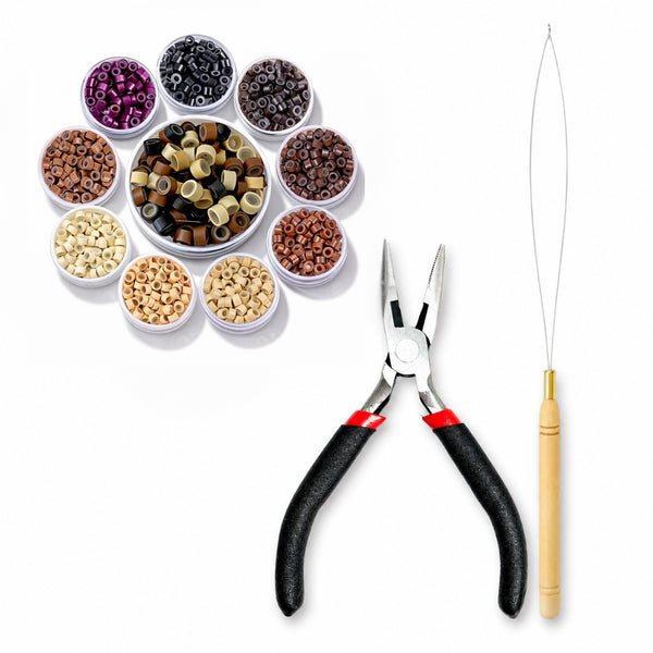 hair Extension tool kit including pliers, Loop tool, and 5mm beads on a white background