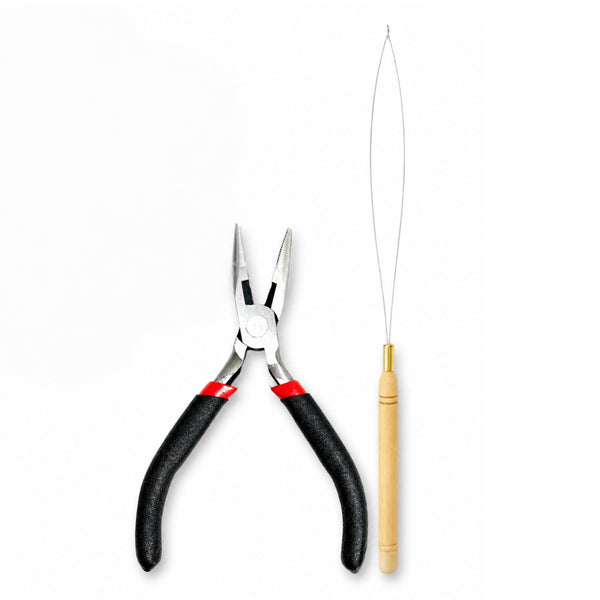 basic hair extensions tool kit of hair pliers and a loop tool threader for attaching extensions into hairstyles