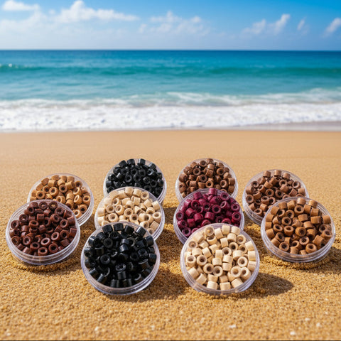Collection of small cylindrical beads in various colors on beach