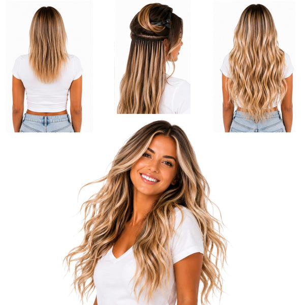 5mm micro bead hair extension ring results for balayage blonde hair 