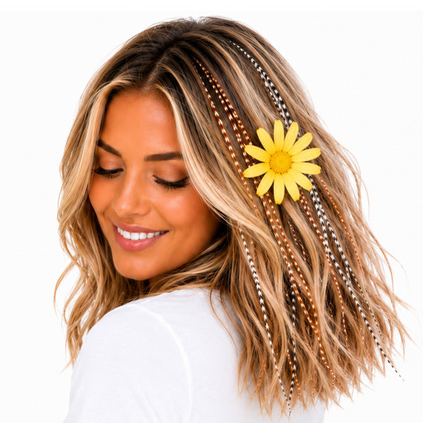 Blonde feather hair extensions in extra long length wavy hair with natural grizzly feathers by Wild4Feathers