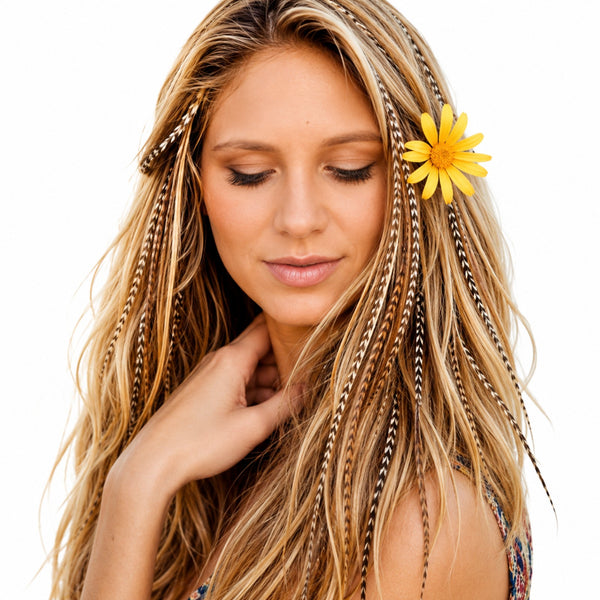 Natural feather hair extensions grizzly  mix in long blonde hair by Wild4Feathers brand