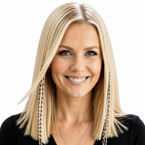 Woman with medium length blonde hair and blonde grizzly variant natural feather hair extensions for light and blonde hairstyles 