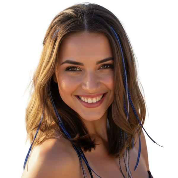 blue feather hair extensions in brown hair, real natural feather extensions long length, salon quality grizzly and solid blue tones for hair styling
