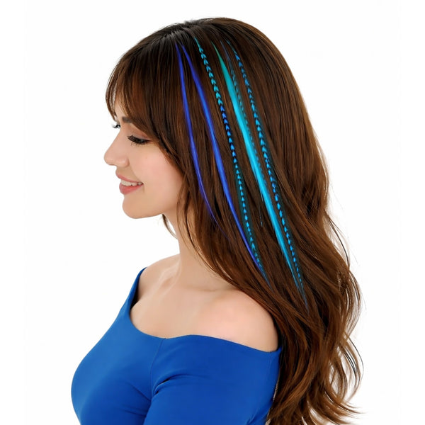 Woman wearing 3 blue shades in medium lengths of feather hair extensions applied in dark hair side view solid and grizzly hair feathers