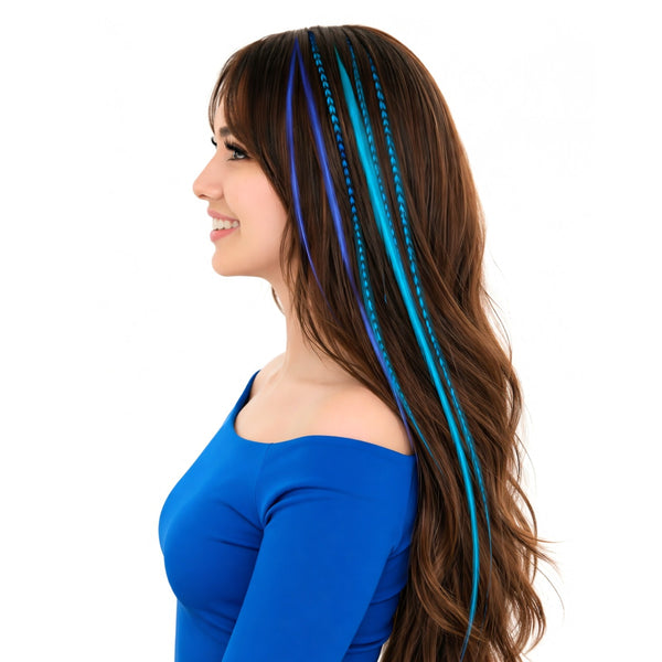 Woman wearing 3 blue shades in mermaid lengths of feather hair extensions applied in dark hair side view solid and grizzly hair feathers