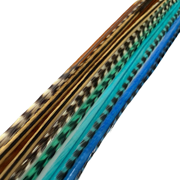 Close-up of blues mix and natural mix feather hair extensions for applying in hairstyles