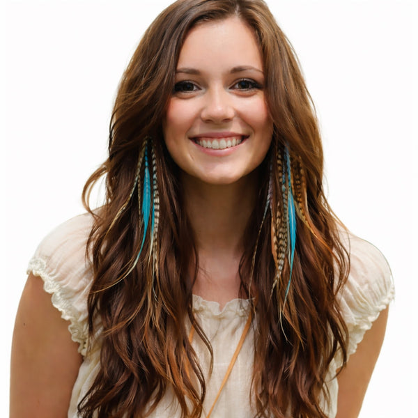 blue and natural feather hair extensions 12 piece pack long mixed feathers in brown hair