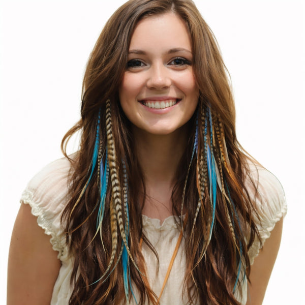 blue and natural feather hair extensions medium pack increased feather placement in long brown hair