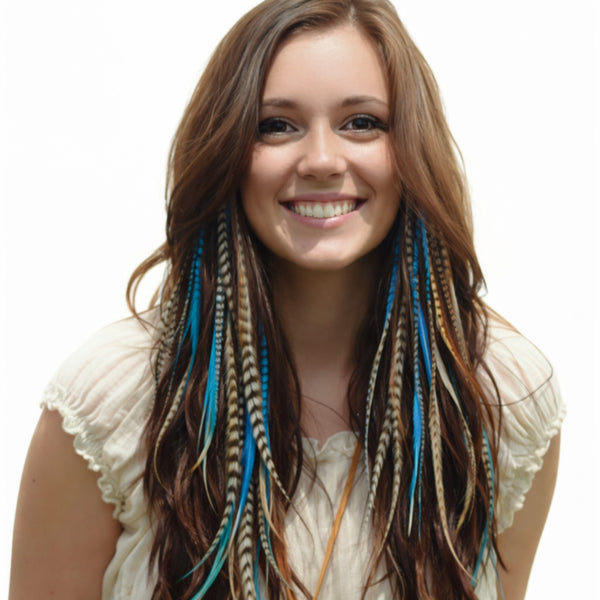 blue and natural feather hair extensions 20 piece full pack long mixed feathers in brown hair