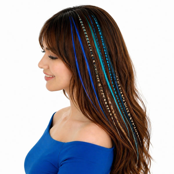 brunette haired woman wearing blues mix and naturals grizzly mix feather hair extensions in long brunette hair