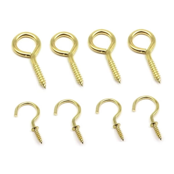 four gold brass eye screw and four brass hook screws for attaching on to market display boards to display feather and hair extensions at stalls
