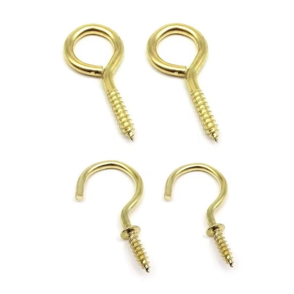 two gold brass eye screw and 2 brass hook screws for attaching on to market display boards to display feather and hair extensions at stalls