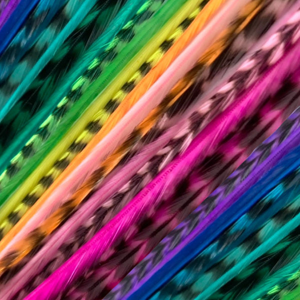 close up of all single colours in grizzly and solid feather hair extensions in regular width ,real striped feathers for  feather hairstyling
