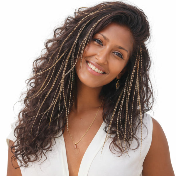 natural feather hair extensions fawn brown 20 pieces xxl long real feathers in brunette hairstyle