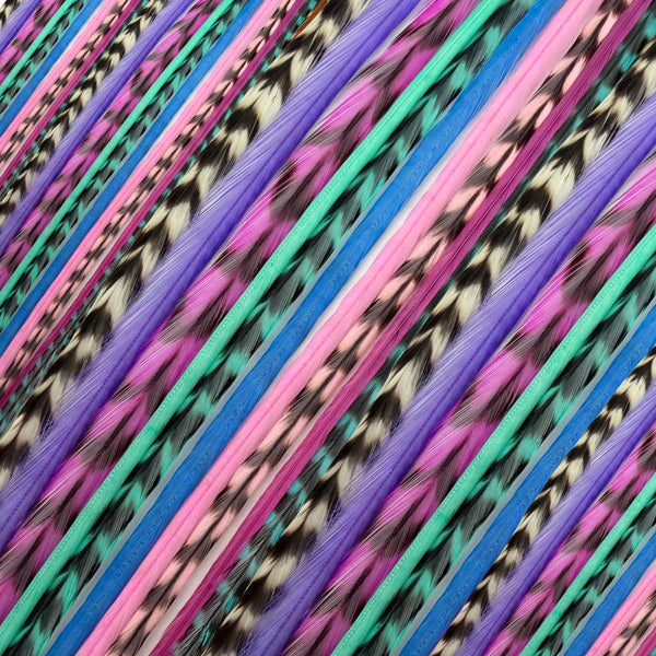 close up of pink purple aqua blues and classic black and white grizzly feather hair extensions in regular width ,real striped feathers for  feather hairstyling