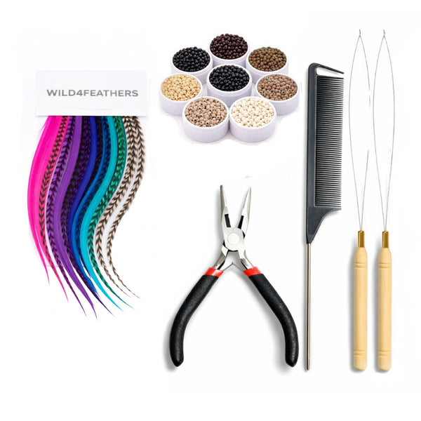 bright coloured feather hair extensions in single colour mix with complete tool kit with 3mm nano beads and installation tools by wild4feathers
