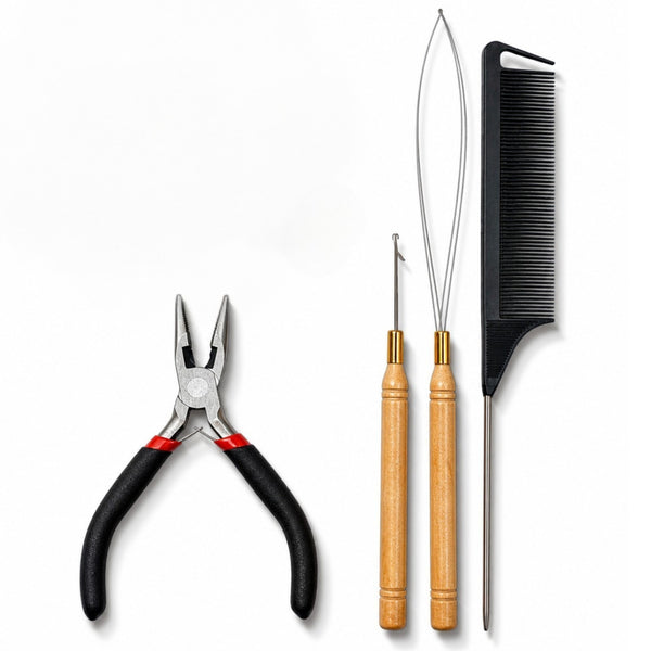 Complete starter tool kit for hair extensions and feather extension application including hair plier, loop tool, hook tool, and black rat-tail comb