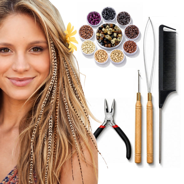 Complete Tool Kit for installing feather hair extensions with hair tools of pliers, hook tool, loop tool threader, microbead rings into hairstyles, by Wild4Feathers brand