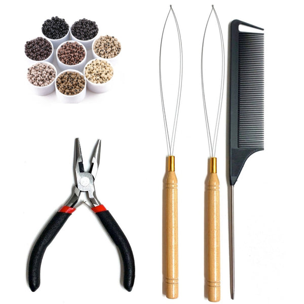 Close-up set of hair extension tool kit including hair extension pliers, 2 loop tool threaders ,a black rat-tail comb and size 3mm nano hair beads in 8 hair colours
