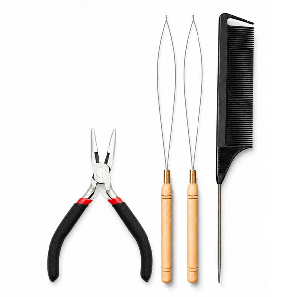 Set of hair extension attachment tools for nano hair extension applications , including stainless steel pliers, and black rat-tail comb for attaching hair extensions and feather hair extensions into hairstyles