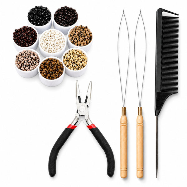 Set of hair extension tools including pliers, 3mm size hair extension beads,  2 loop threader tools and a black rat tail comb for attaching hair extensions 