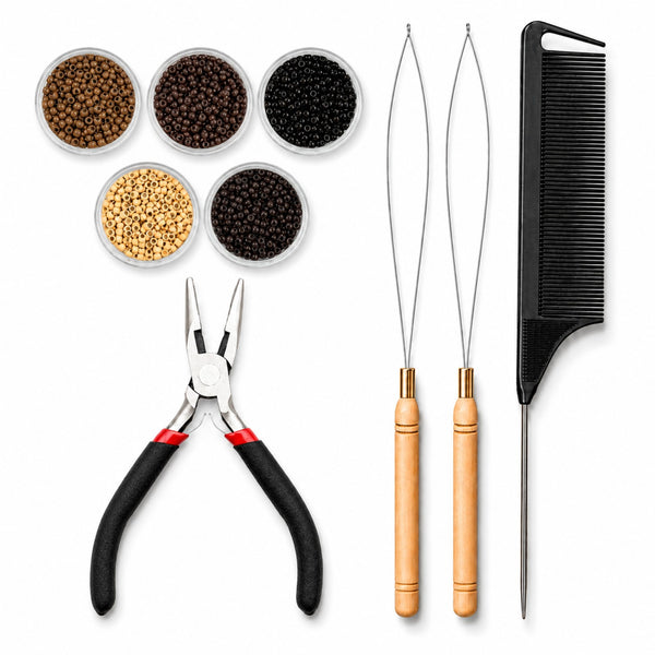 Set of hair extension attachment tools for nano hair extension applications , including hair pliers, 3mm size nano beads in 5 shades, 2 loop threaders and black rat-tail comb for attaching nano hair extensions and feather hair extensions into hairstyles
