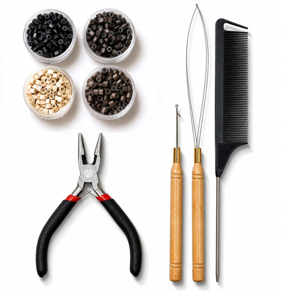 complete starter hair extension tool kit including hair extension tools of pliers, loop tool, hook tool, rat tail comb, and 4mm size silicone-lined hair beads