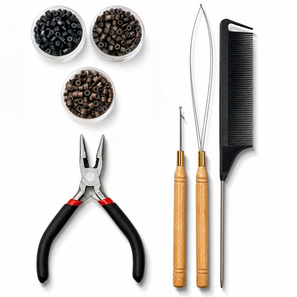complete starter hair extension tool kit including hair extension tools of pliers, loop tool, hook tool, rat tail comb, and 4mm size dark mix silicone-lined hair beads