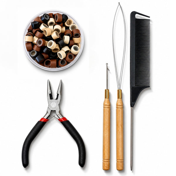 complete starter hair extension tool kit including hair extension tools of pliers, loop tool, hook tool, rat tail comb, and 5mm size multi-mix silicone-lined hair beads