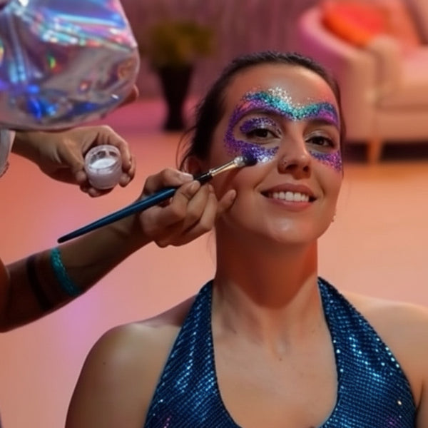 Person applying colorful makeup to another person's face with a brush.