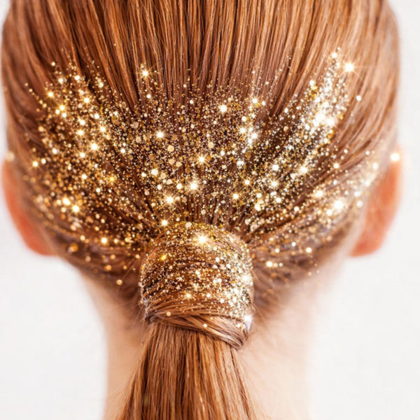 Close-up of a blonde ponytail with high sparkle cosmetic gold glitter design on a white background
