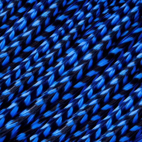 close up of dark blue grizzly feather hair extensions in regular width ,real hair feathers for feather hairstyling