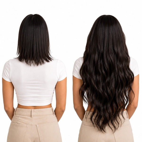 Before and after dark brunette hair extensions showing medium length hair transformed into extra long wavy brunette hair with natural volume